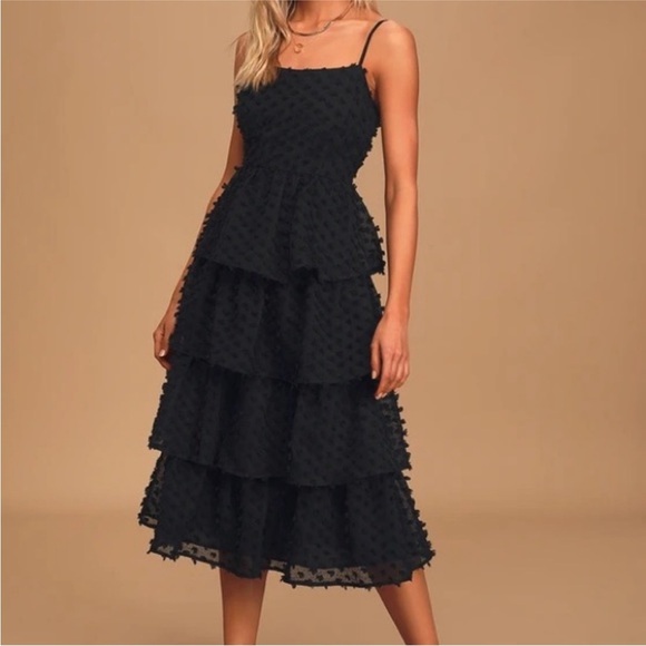 LULU’S Black Ruffle Tiered Midi Dress – Size Large - Picture 1 of 16